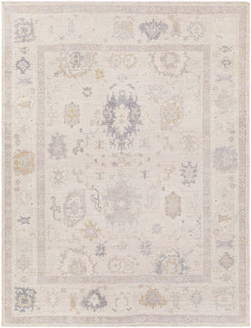 Close-up of Abulug Luxury Handmade Oushak Rug. Neutral tones of cream, light beige, and gray in a traditional oriental pattern. Design-Rectangle-810