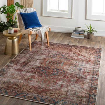 Living room scene with the Adtugan Vintage Flat Pile Washable Rug in burgundy, blue, and brown tones. Modern farmhouse style. Roomscene-Rectangle