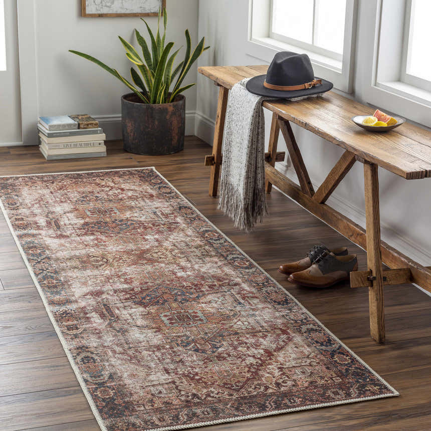Entryway with Adtugan Vintage Flat Pile Washable Rug. Rustic wood bench with hat, books, and shoes. Farmhouse style. Roomscene-Runner