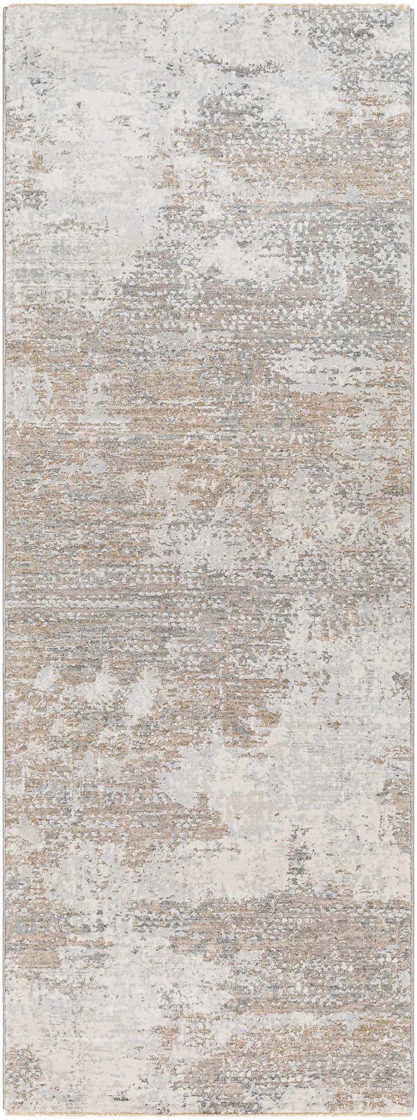 Close-up of the Adwoa Boutique Rug. Contemporary style rug in cloud gray, nutmeg, and gray hues with a subtle abstract pattern. Design-Runner-2773