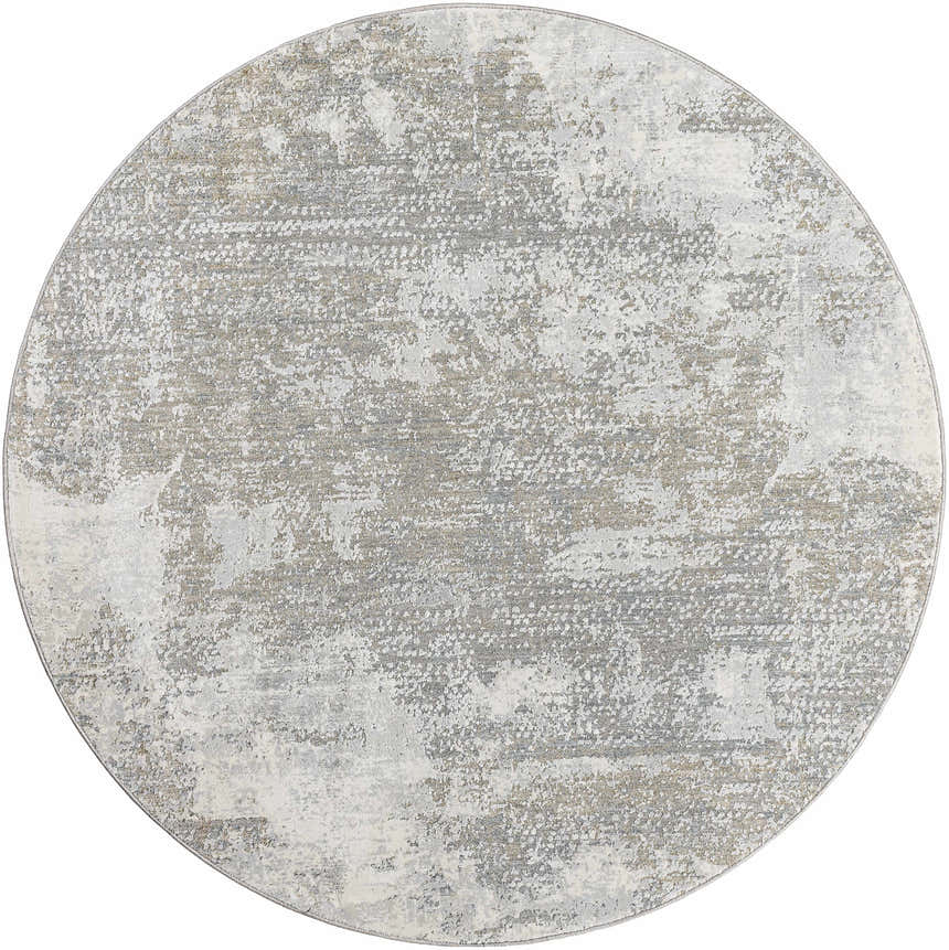 Close-up of round Adwoa Boutique Rug. Contemporary design in cloud gray, dark gray, and nutmeg colors. Design-Round-53