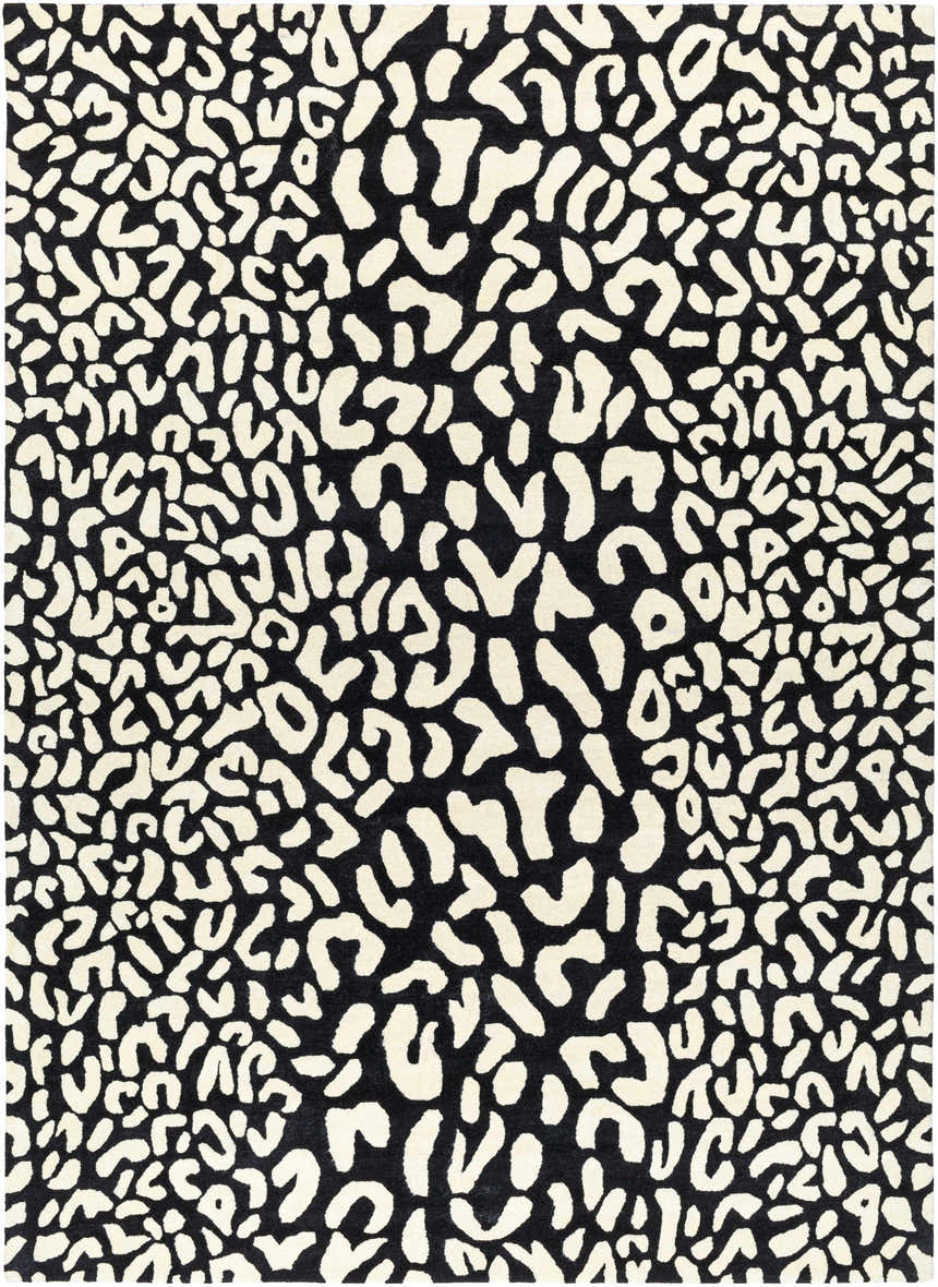 Close-up of the Akeem Leopard Print Area Rug. Black rug with a beige leopard print design. Hand-tufted 100% wool. Design-Rectangle-811