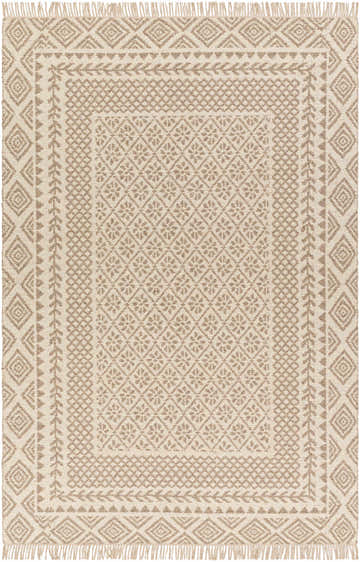Close-up of the Albus Area Rug, a hand-woven wool rug in dark beige and light brown with a geometric and floral pattern. Design-Rectangle-576