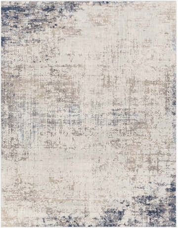 Close-up of the Alcove Abstract Area Rug. Contemporary design in dark blue, gray, ice blue, and ivory. Machine woven polypropylene. Design-Rectangle-71010