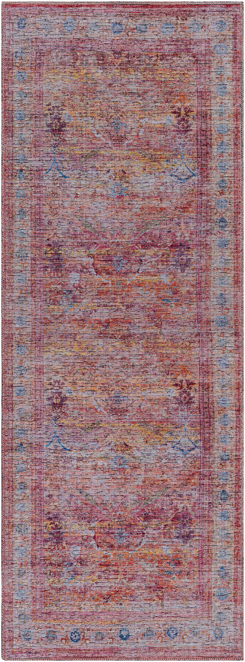 Close-up of the Alcoy Washable Area Rug. Features traditional floral motifs in dark purple, brown, pink, and blue hues. Design-Runner-2773