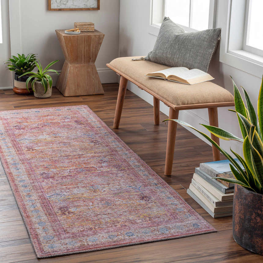 Hallway scene with Alcoy Washable Area Rug runner in dark purple, brown, pink, and white thatch colors. Farmhouse style. Roomscene-Runner