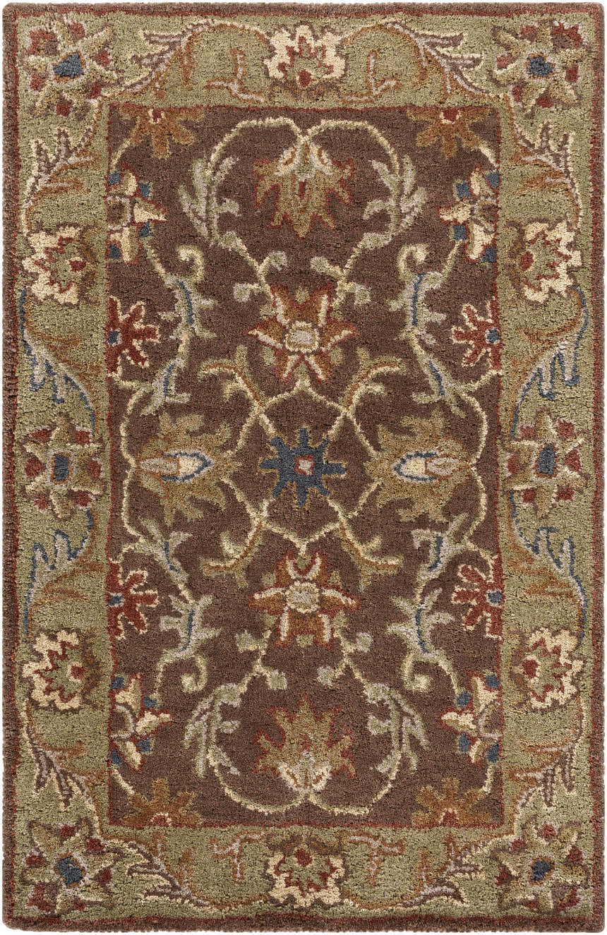 Close-up of the hand-tufted Alexander Brown Regency Wool Carpet. Features an oriental floral pattern in brown, olive, and red tones. Design-Rectangle-23