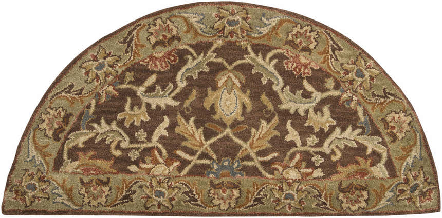 Close-up of the Alexander Brown Regency Wool Carpet in a hearth shape. Features beige, brown, and olive floral designs. Design-Hearth