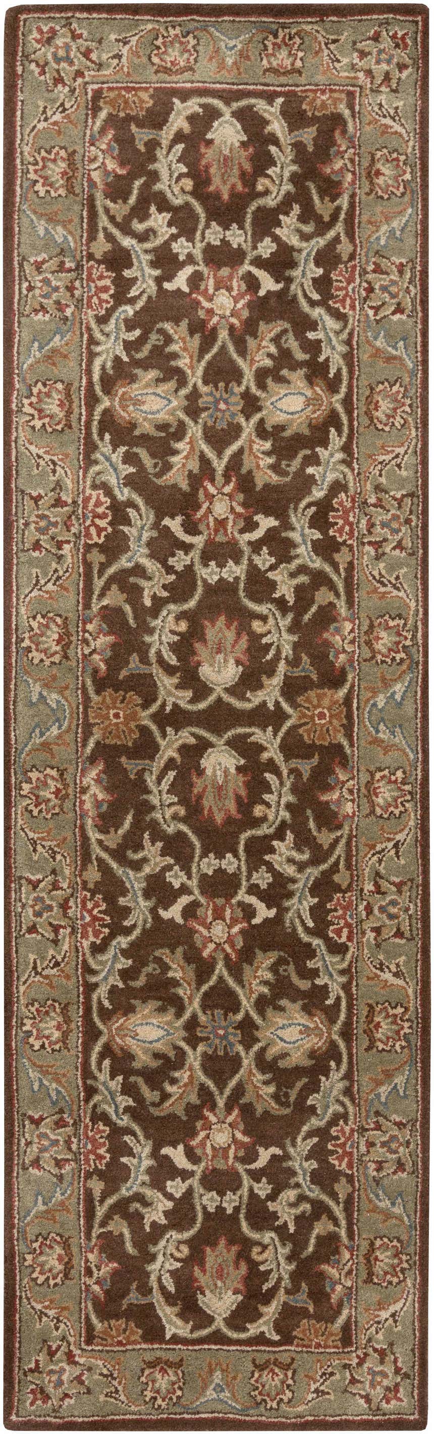 Close-up of the Alexander Brown Regency Wool Carpet, featuring a traditional floral pattern in brown, beige, and olive tones. Design-Runner-268