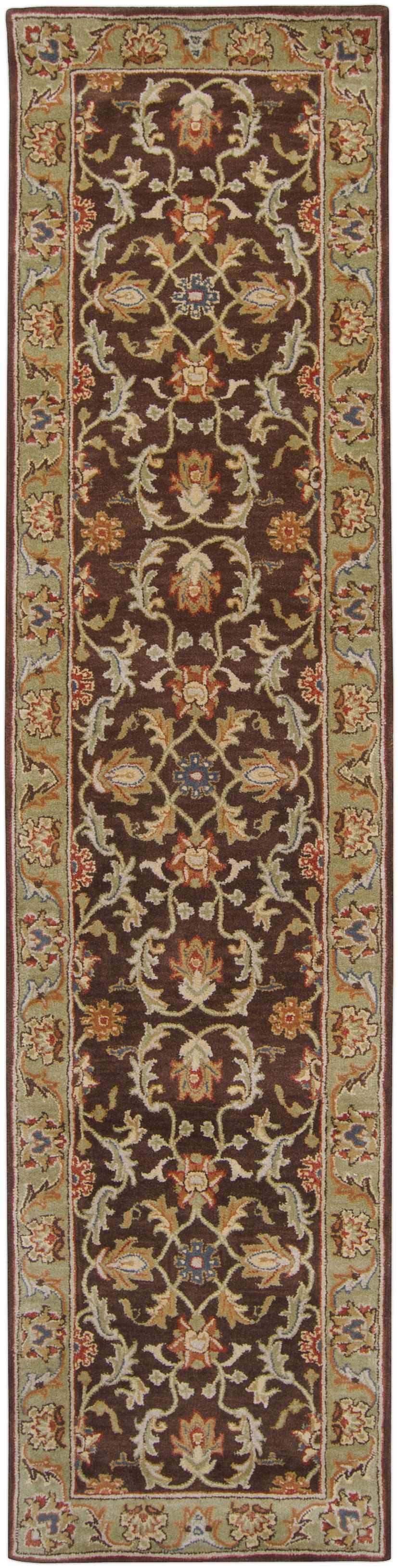 Close-up of the Alexander Brown Regency Wool Carpet. Features a brown, floral pattern and light olive border. Design-Runner