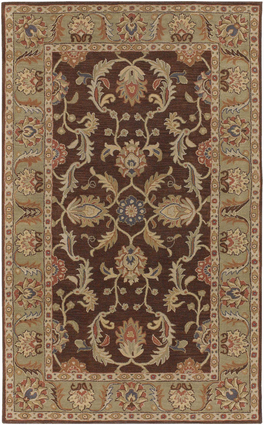 Detailed floral pattern of the Alexander Brown Regency Wool Carpet in brown, beige, olive, and red. Traditional style. Design-Rectangle-58