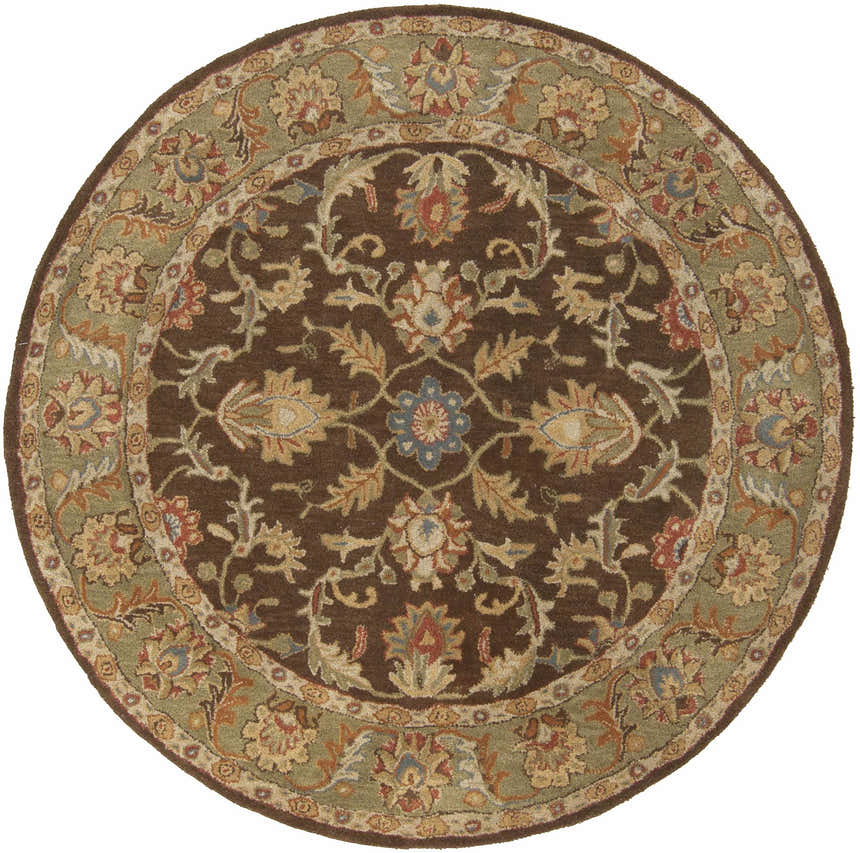 Detailed round Alexander Brown Regency Wool Carpet in brown, beige, olive, and brick red floral pattern. Design-Round-6