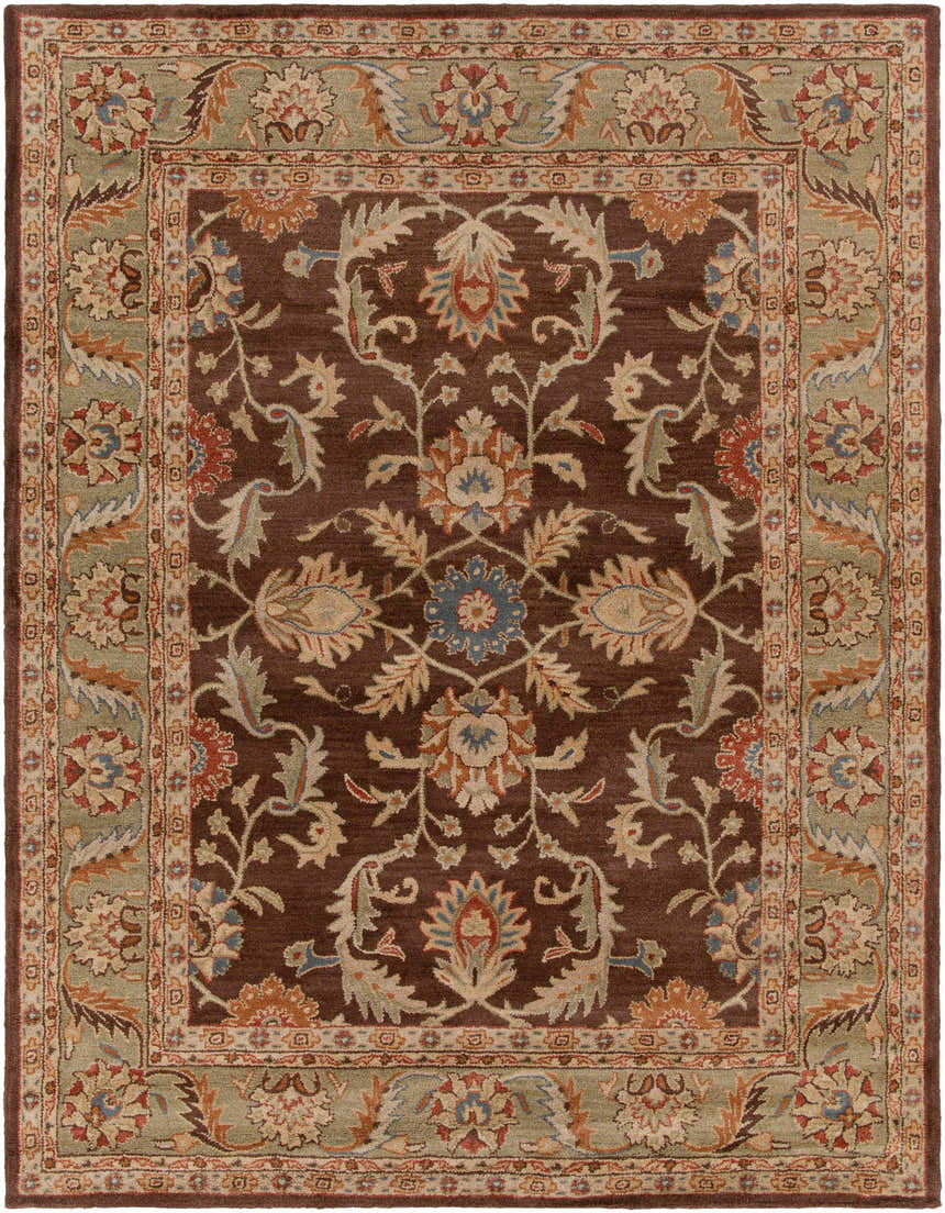 Detailed view of the Alexander Brown Regency Wool Carpet, featuring a traditional floral pattern in brown, beige, olive, and red tones. Design-Rectangle-7696