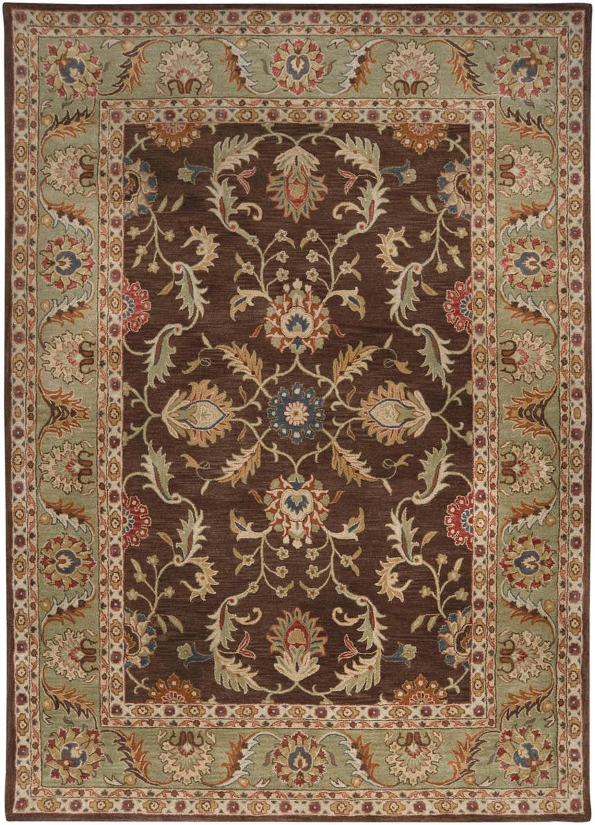 Detailed view of the Alexander Brown Regency Wool Carpet, featuring a traditional floral pattern in brown, beige, and olive tones. Design-Rectangle-811
