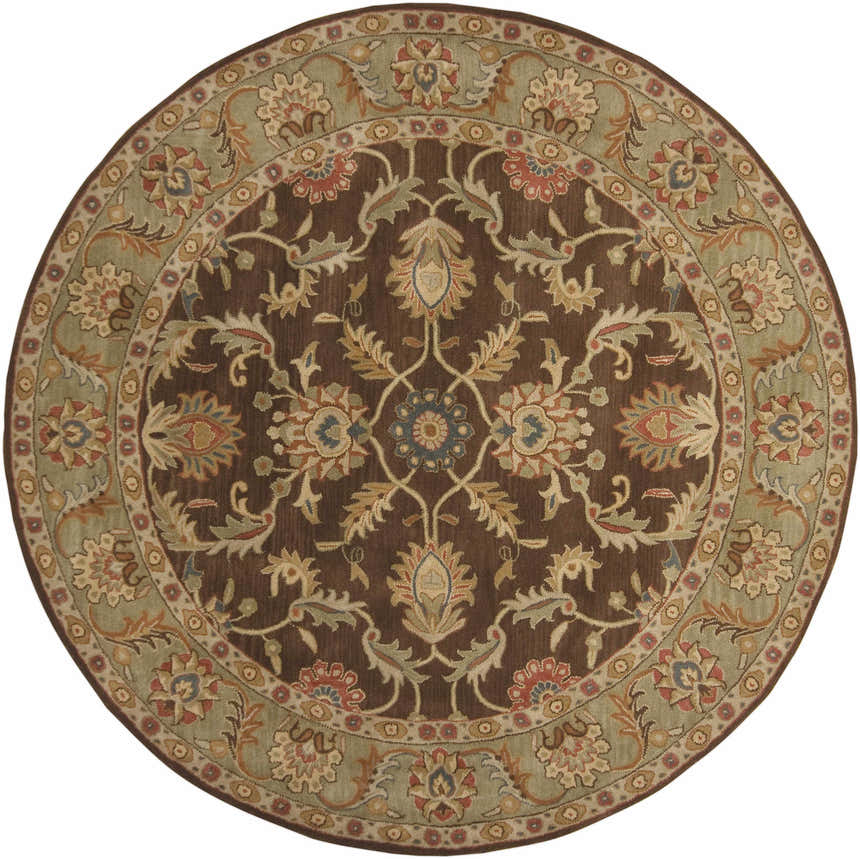 Detailed round Alexander Brown Regency Wool Carpet with brown, olive, and red floral pattern. Design-Round-8