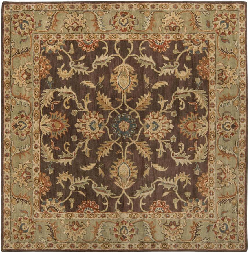 Detailed square Alexander Brown Regency wool carpet with brown, olive, and brick red floral pattern. Traditional style. Design-Square-8