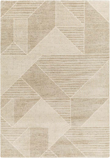 Close up of Almas Luxe rug featuring a geometric pattern in cloud gray, lambswool, and nutmeg tones. Design-Rectangle-5373