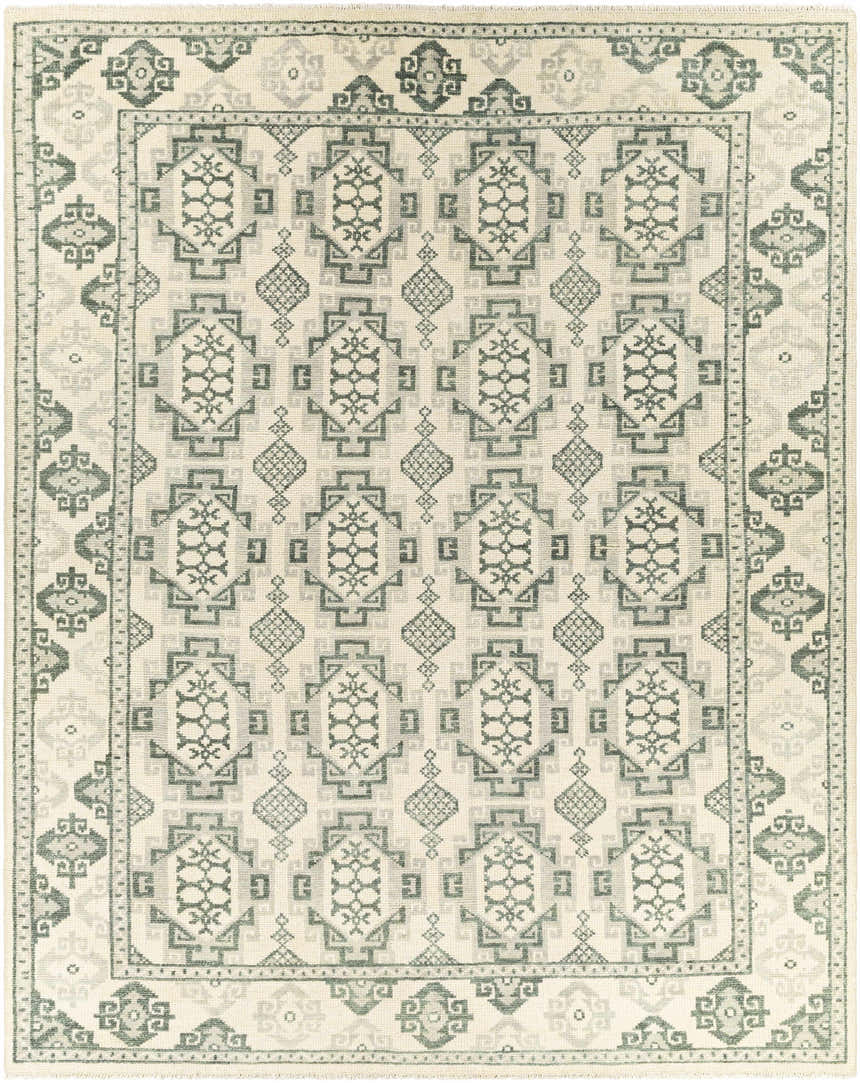 Hand knotted Aloleng Area Rug in light beige and sage. Bohemian style wool rug with traditional geometric pattern. Design-Rectangle-810