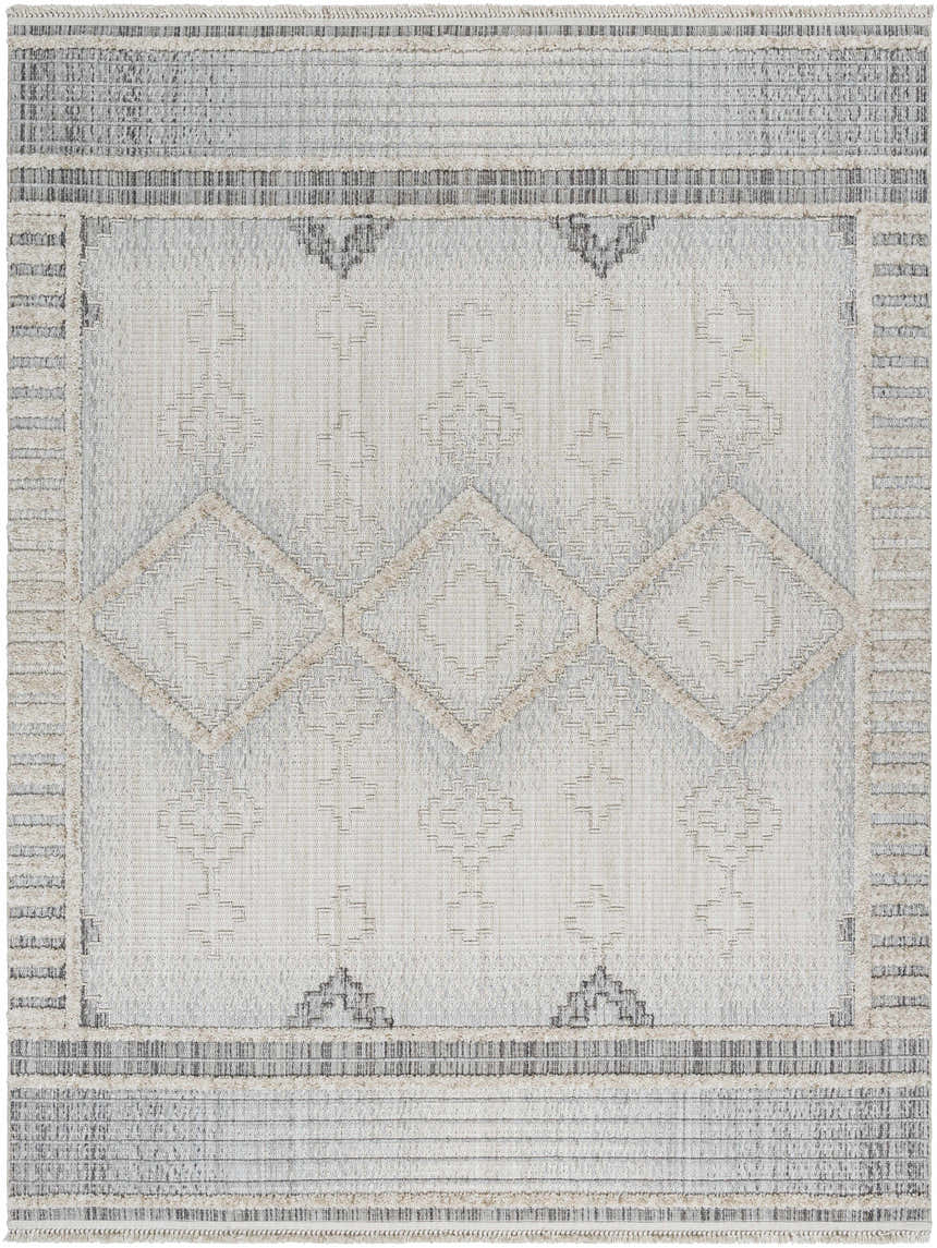 Close-up of the Amaga High-Low Rustic Rug. Charcoal, cream, and light beige geometric pattern with diamond accents. Design-Rectangle-71010
