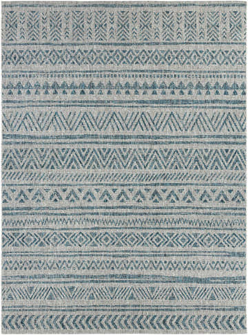 Close-up of the Novato Aqua rug. Features an all-over geometric pattern in aqua, black, taupe, and white. Design-Rectangle-710103