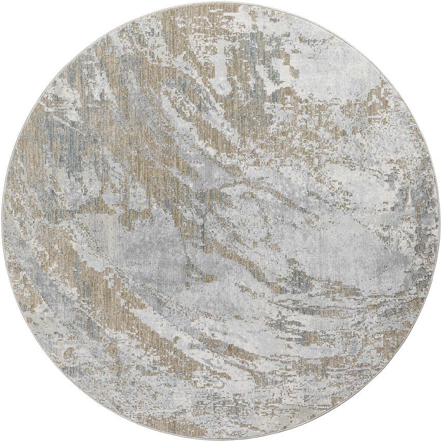 Round Ambra Thick Luxe Boutique Rug in cloud gray, dark brown, and light gray with a contemporary abstract design. Design-Round-53