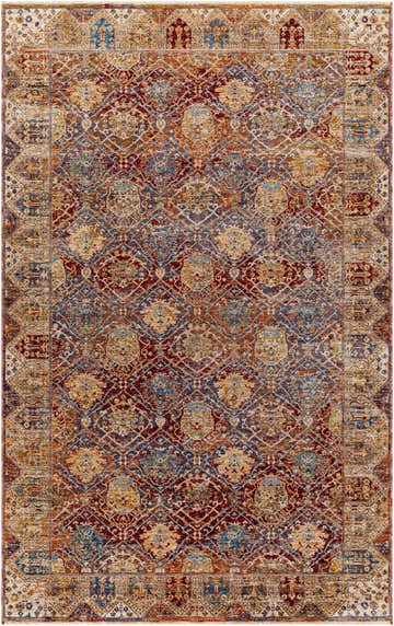 Close-up of the Anambongan Area Carpet. Traditional floral pattern in beige, brick red, blue, and olive tones. Design-Rectangle-582