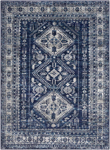 Detailed pattern of the Andes Blue Area Rug in shades of blue, light gray, navy, and white. Design-Rectangle-5373