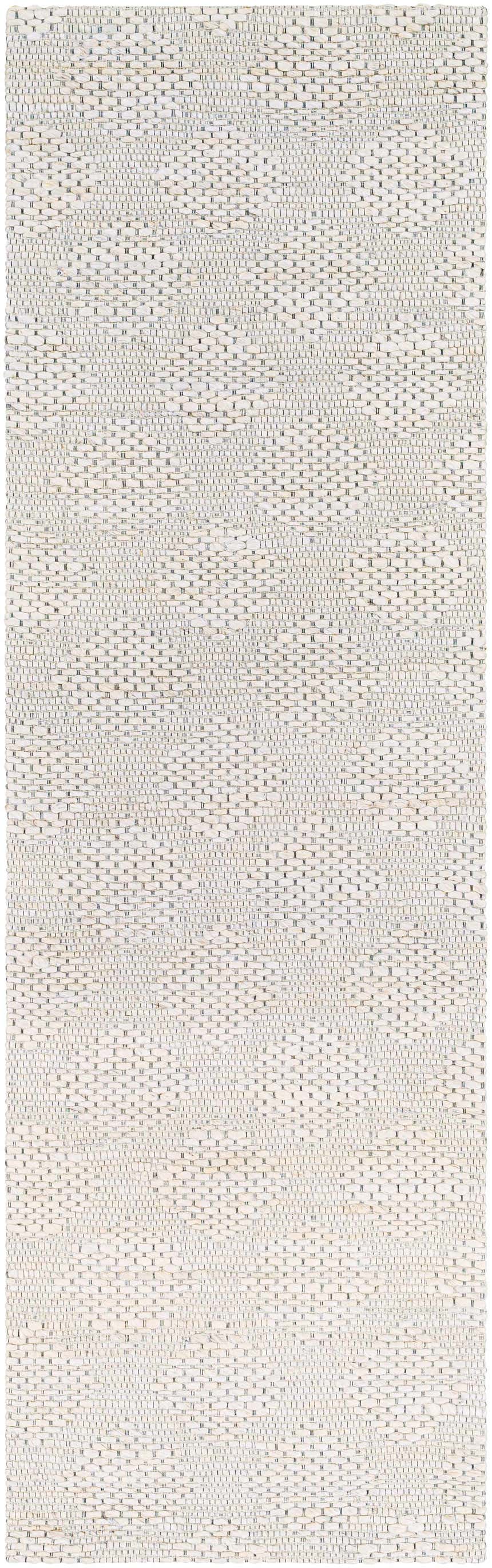 Close-up of the Angaston Beige Hand-Woven Jute Rug. Features a textured, contemporary design in beige, ivory, and black. Design-Runner-268