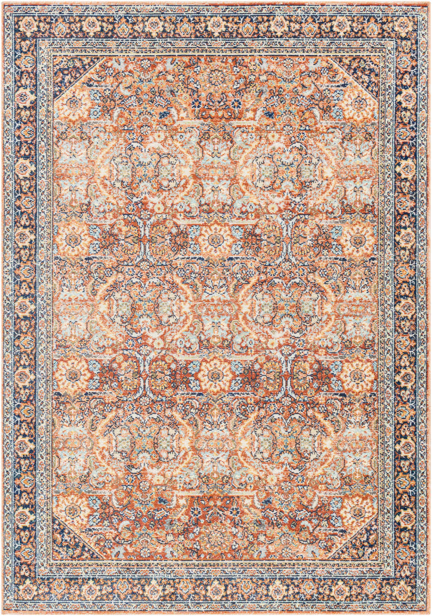 Detailed Ania Area Rug with a traditional floral pattern in arctic stone, copper, brown, and charcoal. Design-Rectangle-5373