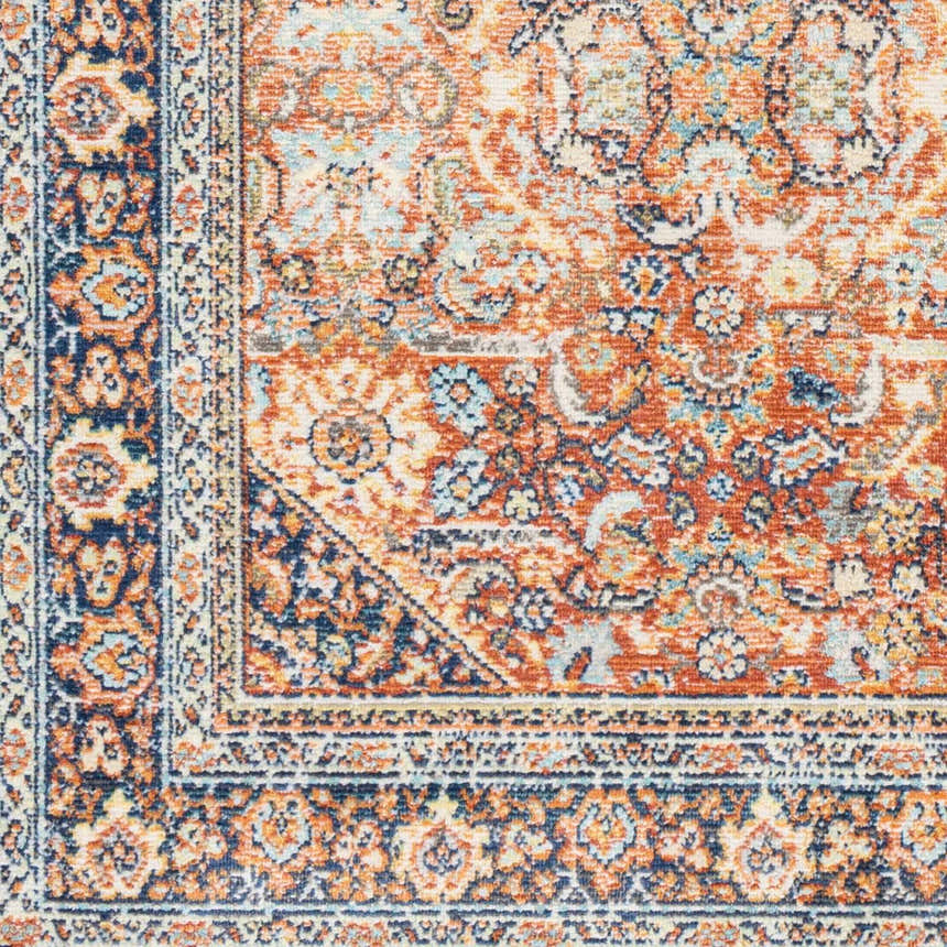 Close-up of the Ania Area Rug, showcasing its traditional floral pattern in arctic stone, charcoal, copper, and brown tones. Swatch