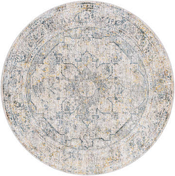 Close-up of round Anmoore Luxe Rug. Persian-style rug in cream, gray, teal, and mustard colors. Machine woven polyester. Design-Round-53
