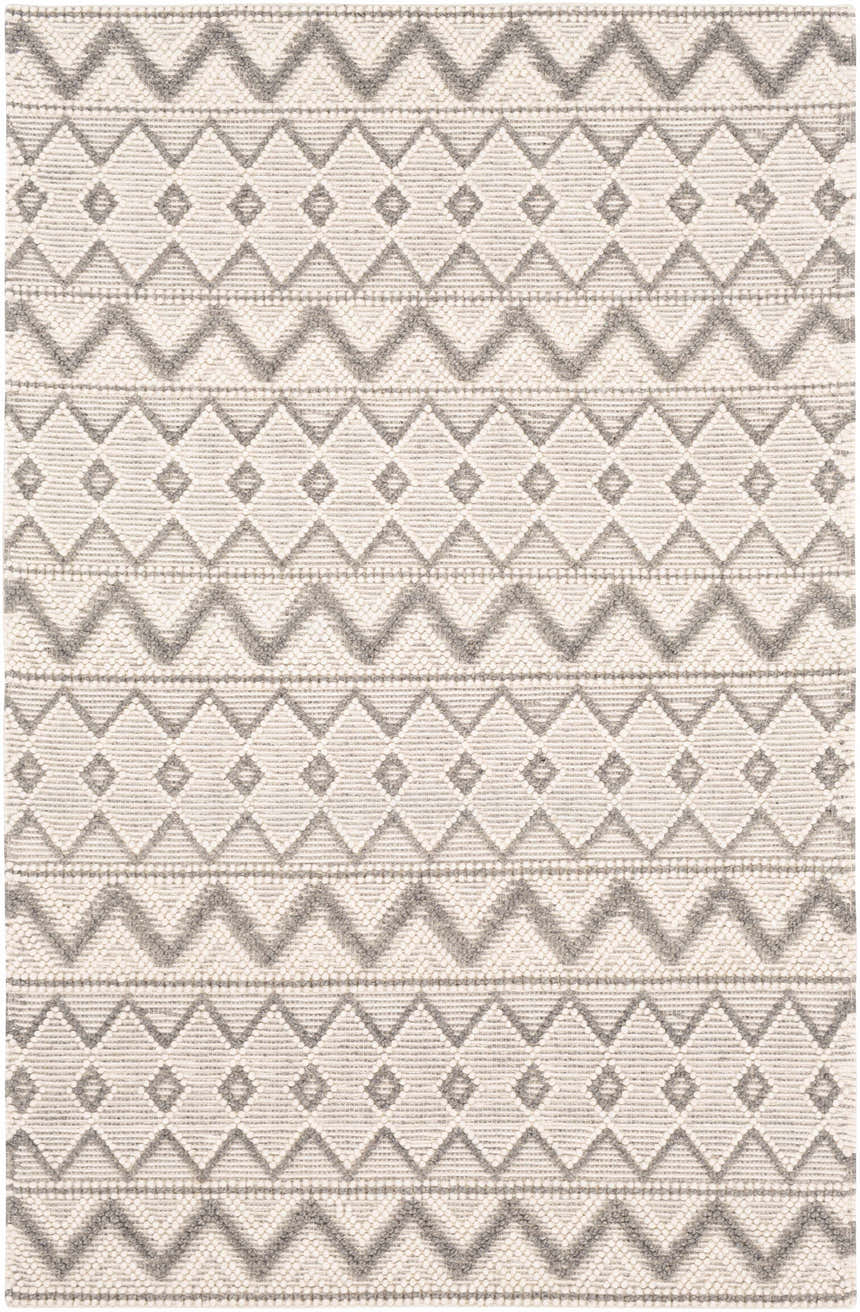 Close-up of the hand woven Whittington Gray&Cream Wool Rug featuring a geometric diamond and zig zag pattern. Design-Rectangle-576