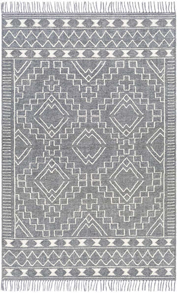 Close-up of Apalachicola Clearance Rug. Charcoal rug with cream geometric pattern and fringe. Hand woven wool and polyester rug. Design-Rectangle-576