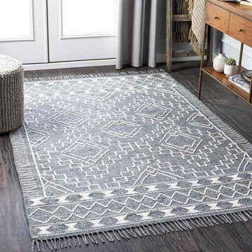 Entryway with Apalachicola Clearance Rug in charcoal and cream, featuring a geometric pattern and fringe detail. Roomscene-Rectangle