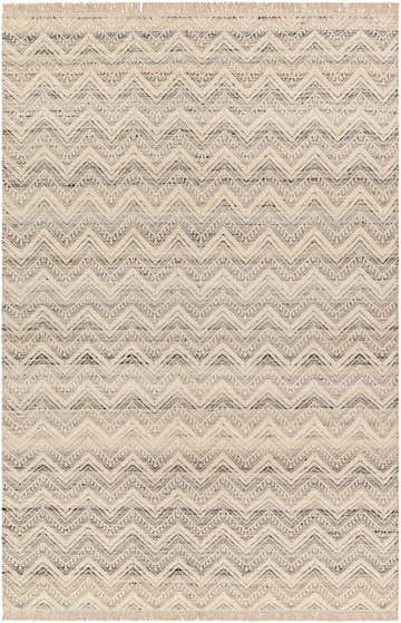 Close-up of the Aqeel Area Rug. Hand-woven wool rug with a light brown and gray chevron pattern and fringe. Design-Rectangle-576