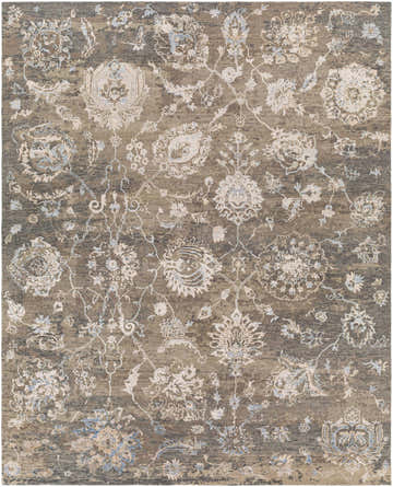 Close-up of the Aramawayan Premium Hand Knotted Wool Area Rug. Charcoal, cream, and ice blue floral design. Traditional style. Design-Rectangle-810