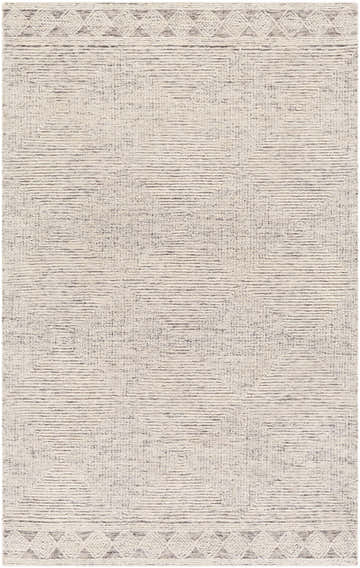 Close-up of the Archer Area Rug. Hand-tufted wool rug in cream, taupe, and black with a subtle geometric pattern. Design-Rectangle-576