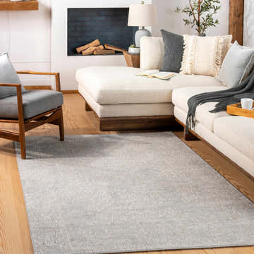 Living room scene with a gray Archway Textured Luxe Area Rug, cream sofa, and wooden accents. Roomscene-Rectangle