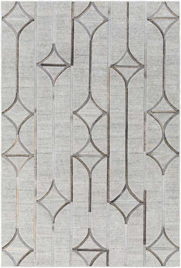Close-up of the Ardahan Area Rug. Oatmeal rug with a geometric diamond and line pattern in brown and gray. Hand-crafted texture. Design-Rectangle-576
