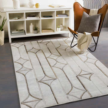 Living room scene with a contemporary Ardahan Area Rug in oatmeal, light gray, and brown tones. White shelving and leather chair. Roomscene-Rectangle