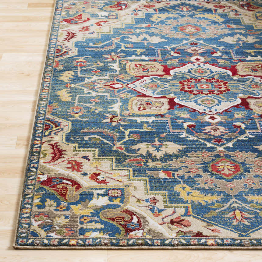 Close-up of the Argyle Area Rug - Clearance, showcasing its blue, red, yellow, and tan traditional Oriental pattern. Front
