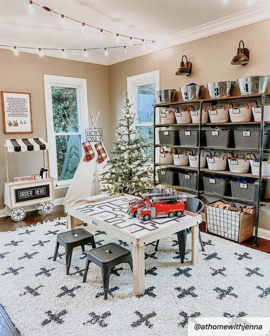 Kids playroom with Alstead shag area rug, toy table, Christmas tree, and storage bins. Cozy, fun rug for kids. Roomscene-Rectangle