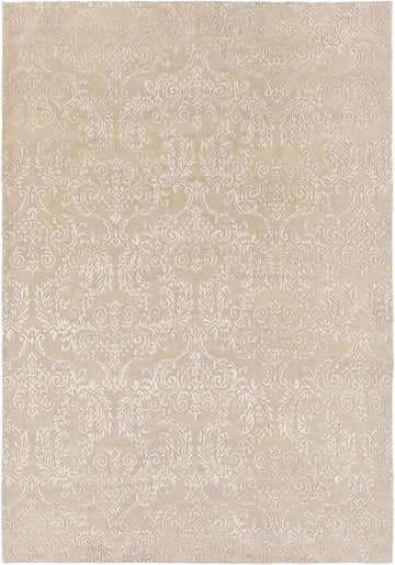 Close-up of the taupe Aubrey Area Rug featuring a traditional, hand-knotted damask pattern. Wool and viscose blend. Design-Rectangle