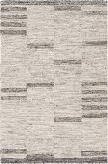 Close-up of the Auchinleck Area Rug. Hand-woven wool and viscose rug with a charcoal and cream geometric pattern. Design-Rectangle-576