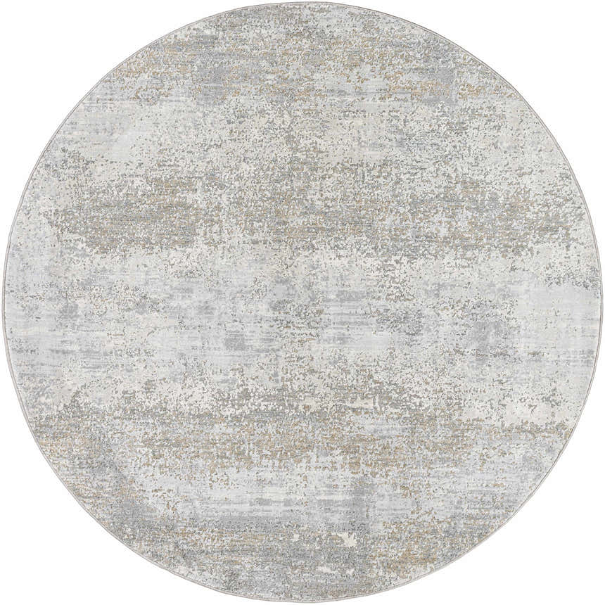 Close-up of a round Avani Thick Luxe Boutique Rug with a gray, light gray, and nutmeg abstract pattern. Design-Round-53