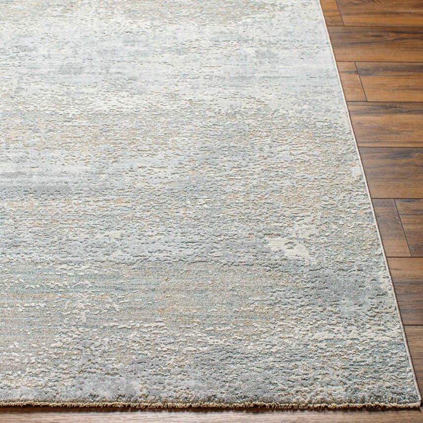 Close-up of the Avani Thick Luxe Boutique Rug showing its gray, nutmeg, and light gray textured pattern on a wood floor. Front