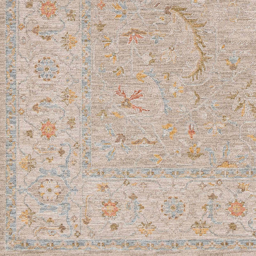 Close-up of the Awena Thick Luxe Area Rug with a traditional floral pattern in amber, dusty pink, and light olive on a taupe background. Swatch