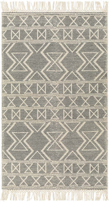 Close-up of the Aziel Wool Rug. Geometric design in bone and dark gray with tassels. Hand-woven texture. Design-Rectangle-58