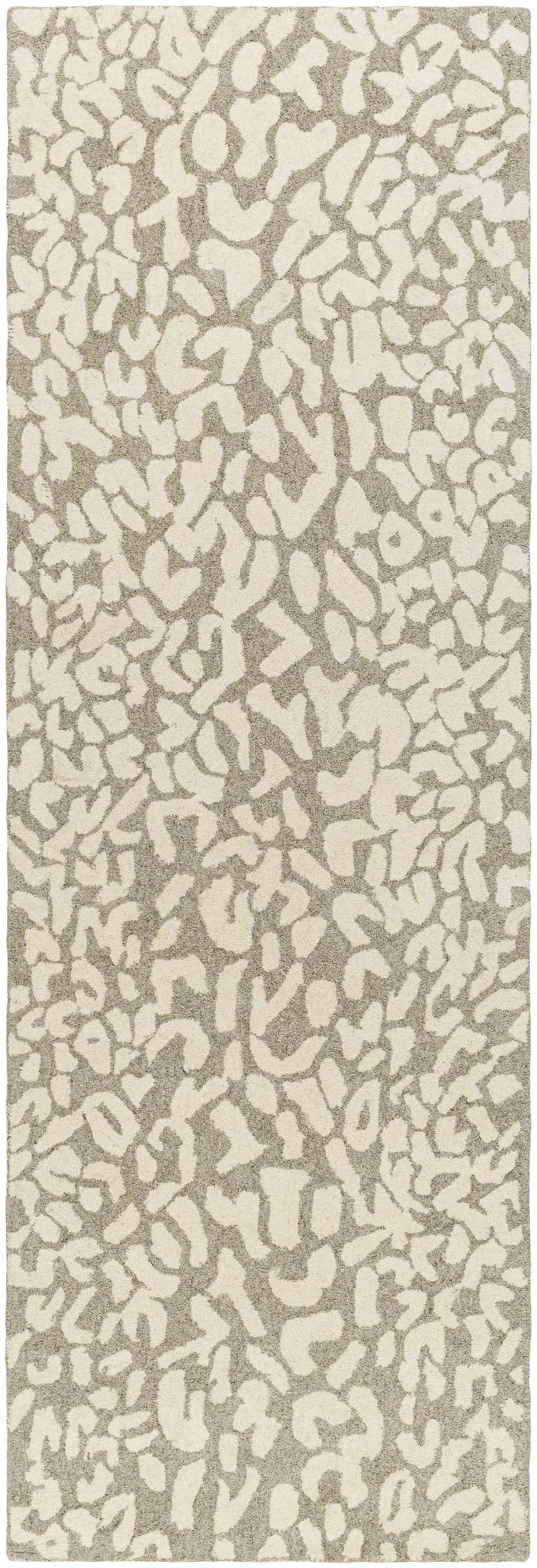 Close-up of the beige and gray Azuka Leopard Print Area Rug, a hand-tufted wool rug with a contemporary animal print design. Design-Runner-268
