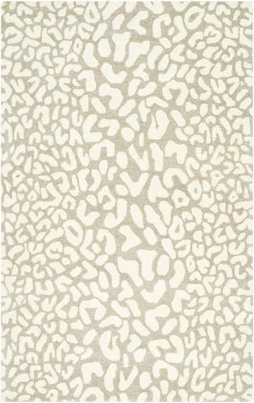 Close-up of the hand-tufted Azuka Leopard Print Area Rug. Beige and gray wool rug with a contemporary animal print pattern. Design-Rectangle-58